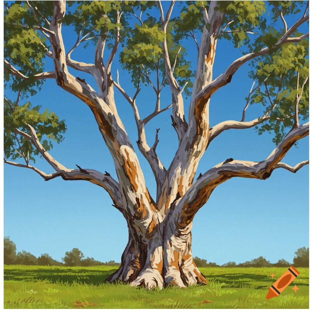 A detailed illustration of a large gum tree with light, peeling bark and green leaves in a grassy field against a bright blue sky.