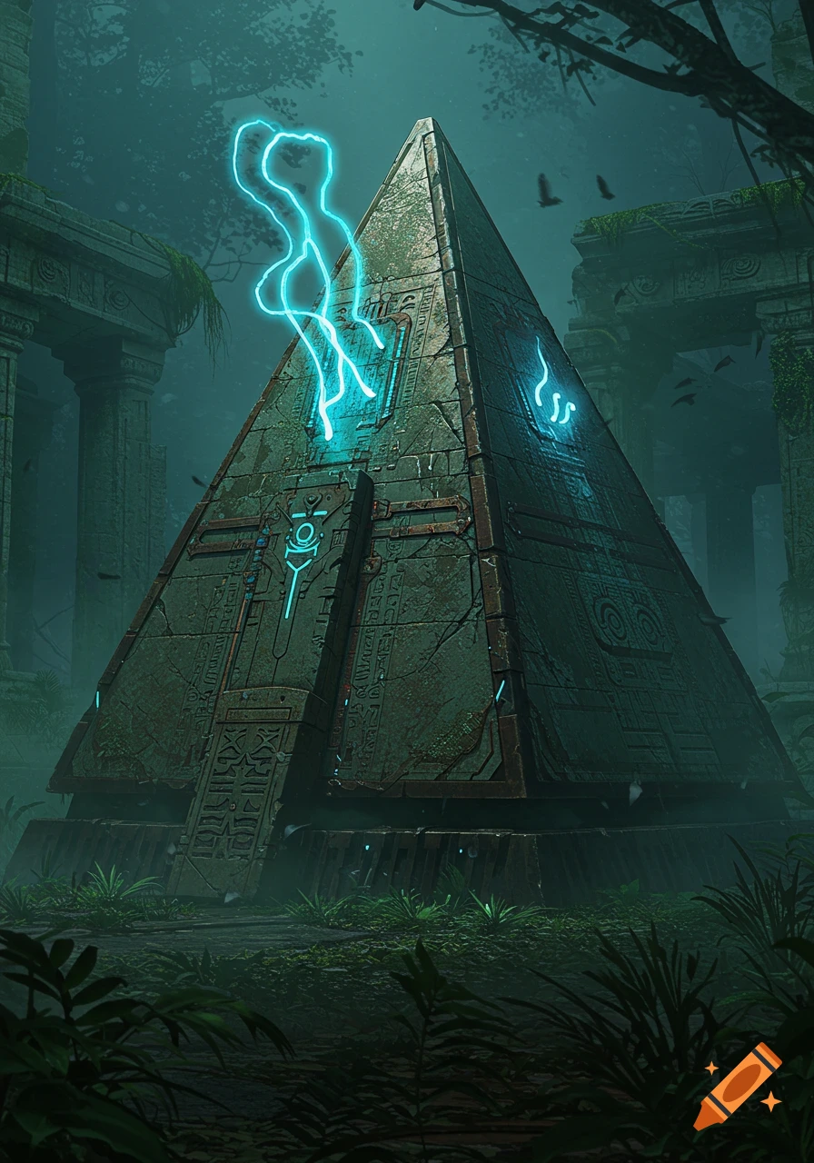 A pyramid-shaped alien device covered in ancient carvings glows with blue energy in a misty, overgrown jungle ruin.