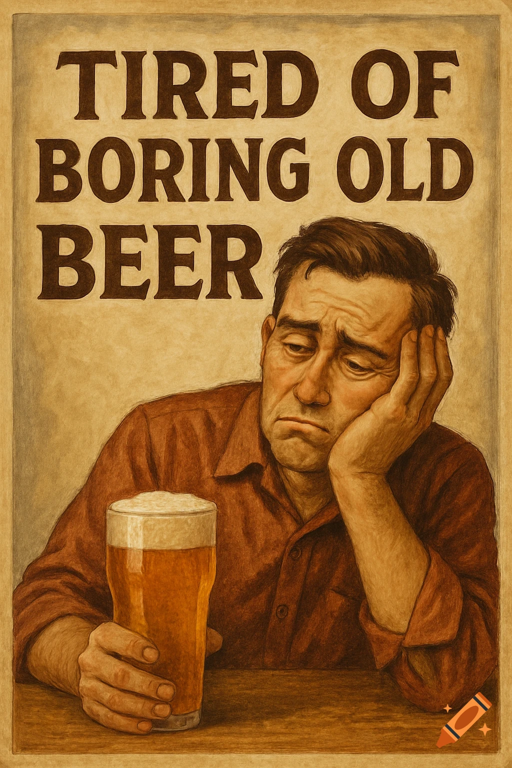 A man with a tired expression sits next to a glass of beer on a vintage-style poster that reads "TIRED OF BORING OLD BEER".
