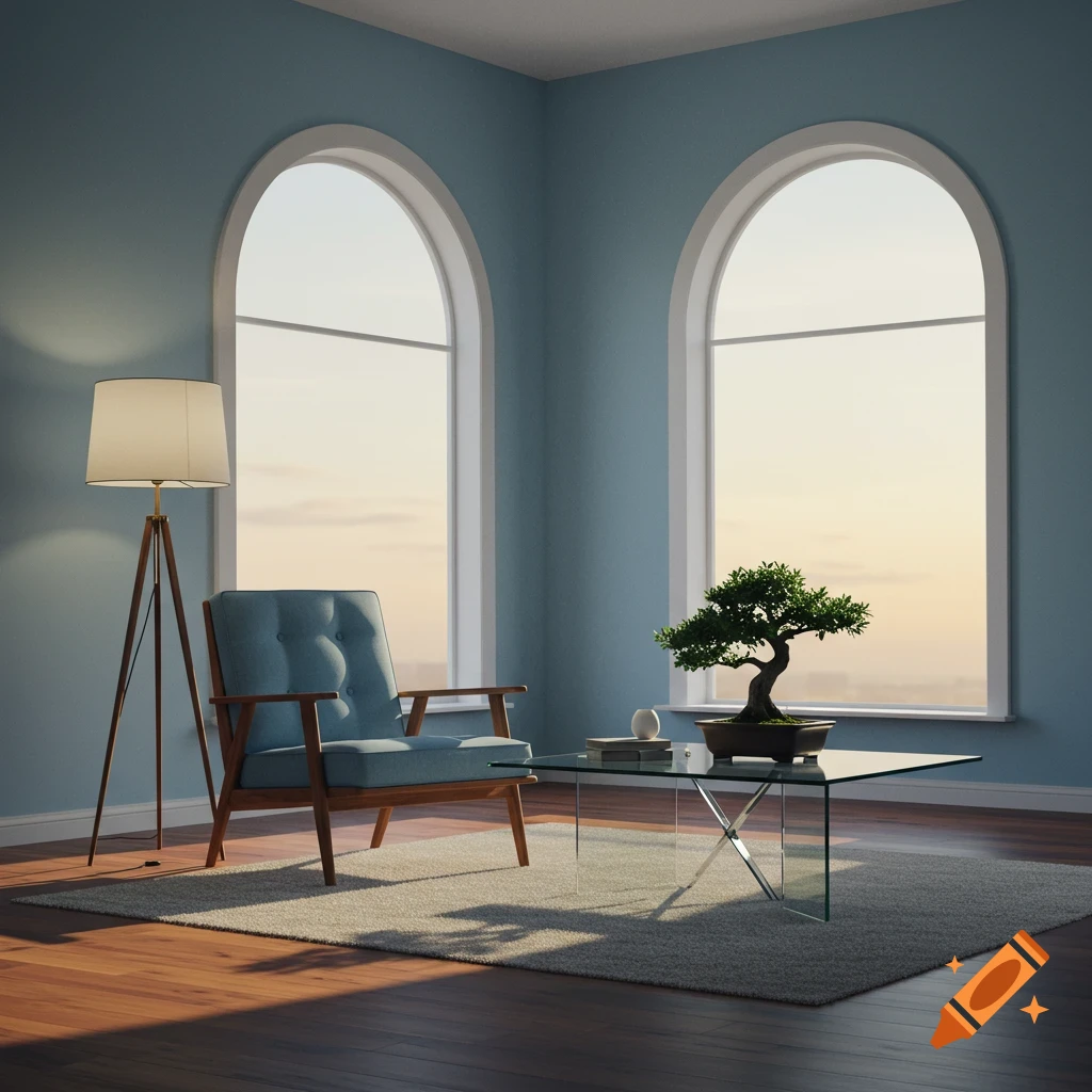 A modern room with a blue armchair, tall lamp, glass table with a bonsai tree, and two large arched windows.