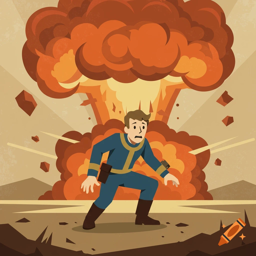 A cartoon man in a blue and yellow jumpsuit crouches as a large explosion erupts behind him, with debris flying.