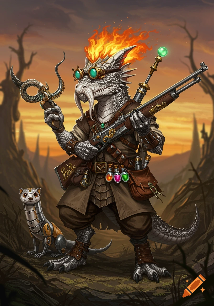 A white-scaled D&D kobold with fiery mohawk hair and goggles holds a rifle and a mysterious object, standing with a mechanical weasel companion in a desolate landscape.
