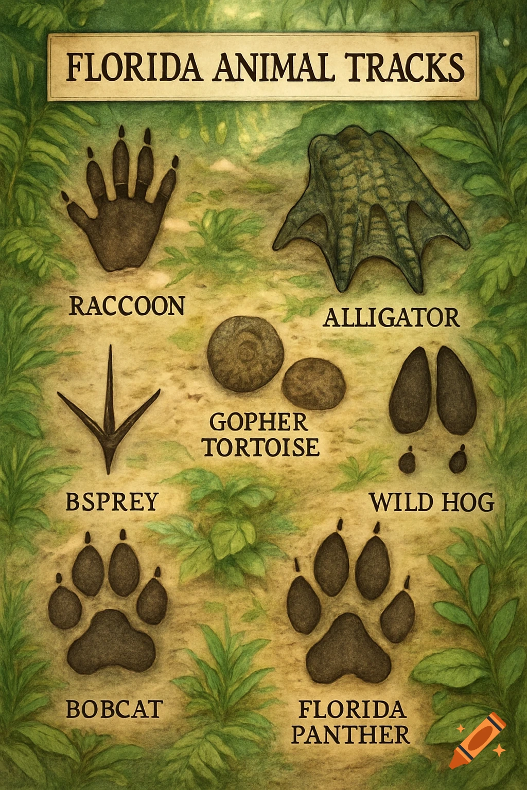An illustrated guide titled 'Florida Animal Tracks', showing watercolor-style animal footprints for raccoons, alligators, osprey, gopher tortoises, bobcats, Florida panthers, and wild hogs on a green and brown background.