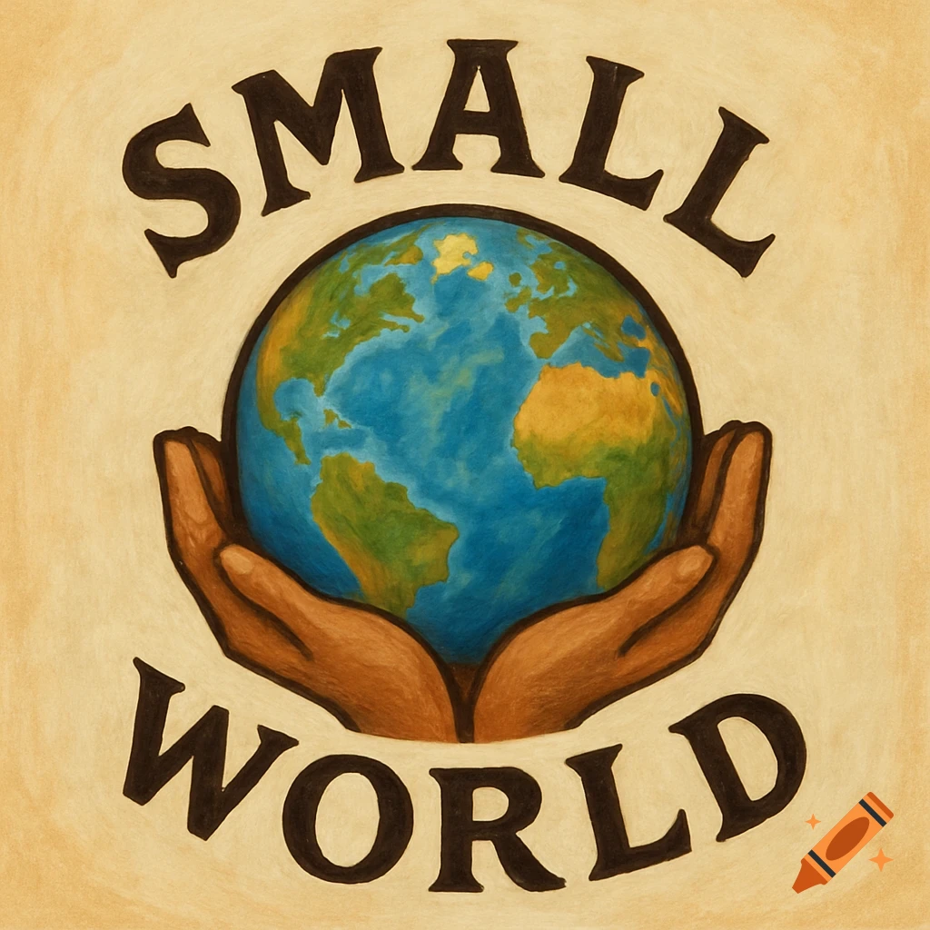 An illustrated logo with two hands holding a globe, text 'SMALL WORLD' above and below, on a beige background.