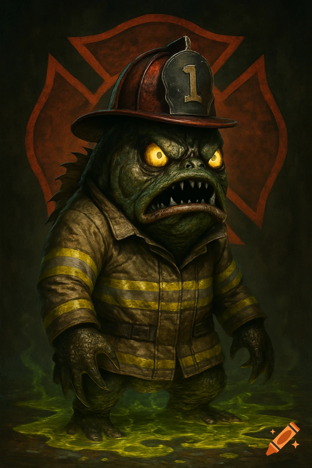 An angry, mutated fish creature with glowing yellow eyes, wearing a firefighter helmet and bunker coat, stands in a green chemical puddle. A Maltese cross is behind it.