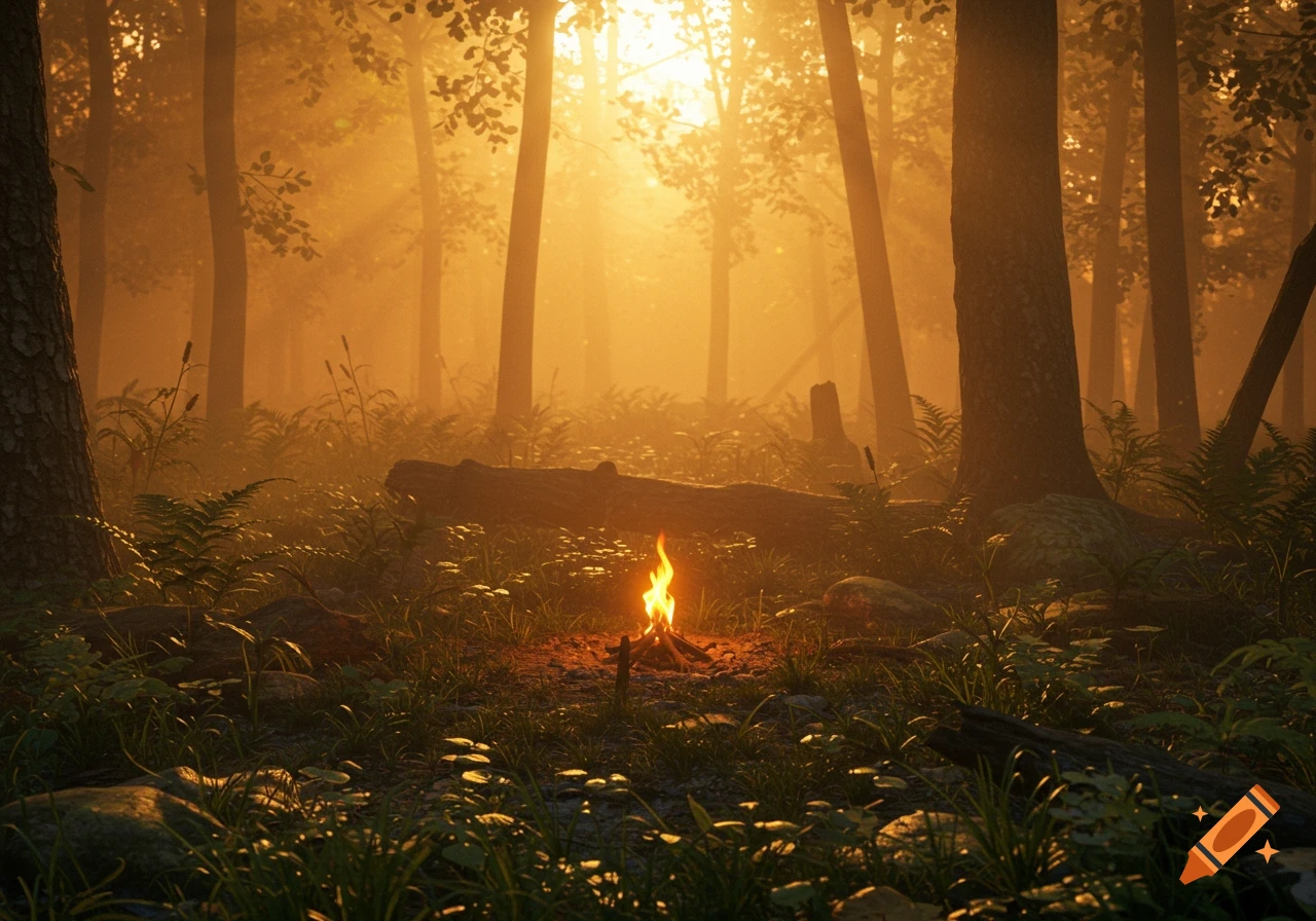 A small campfire burns brightly in a misty forest bathed in warm golden light.