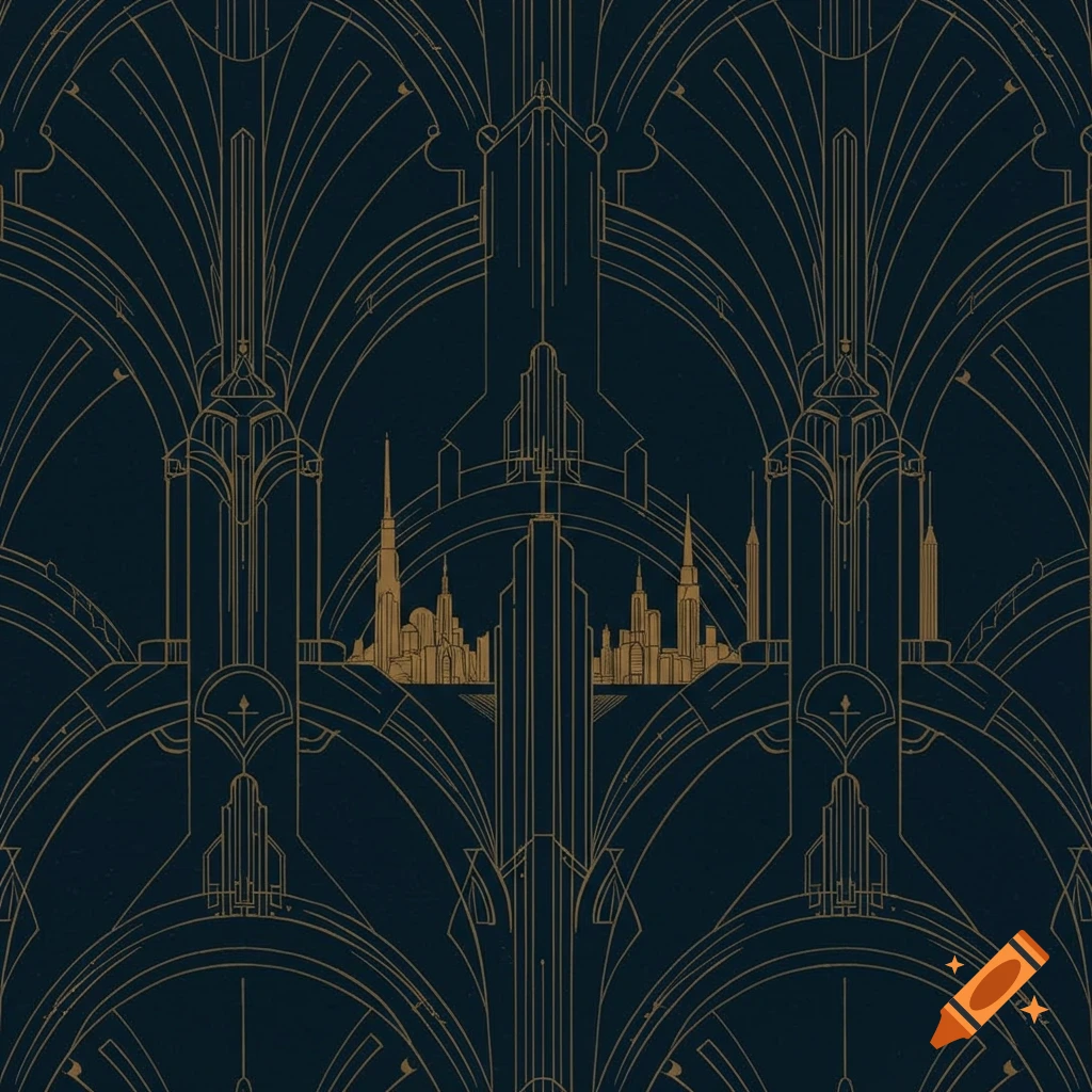 Art Deco repeating pattern with gold architectural lines and stylized cityscapes on a dark blue background.