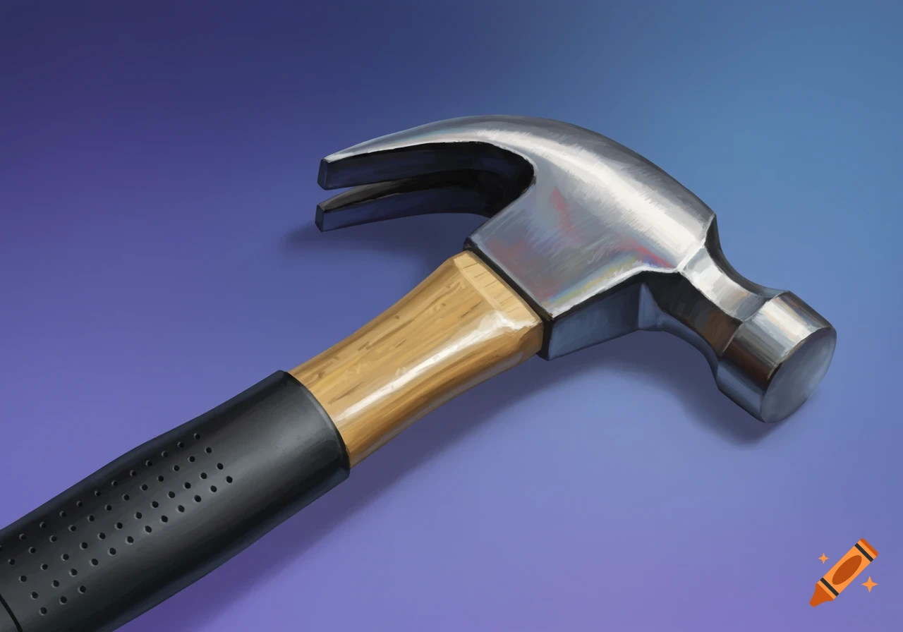Digital painting of a claw hammer with a metallic head, wooden handle, and black textured grip against a purple background.