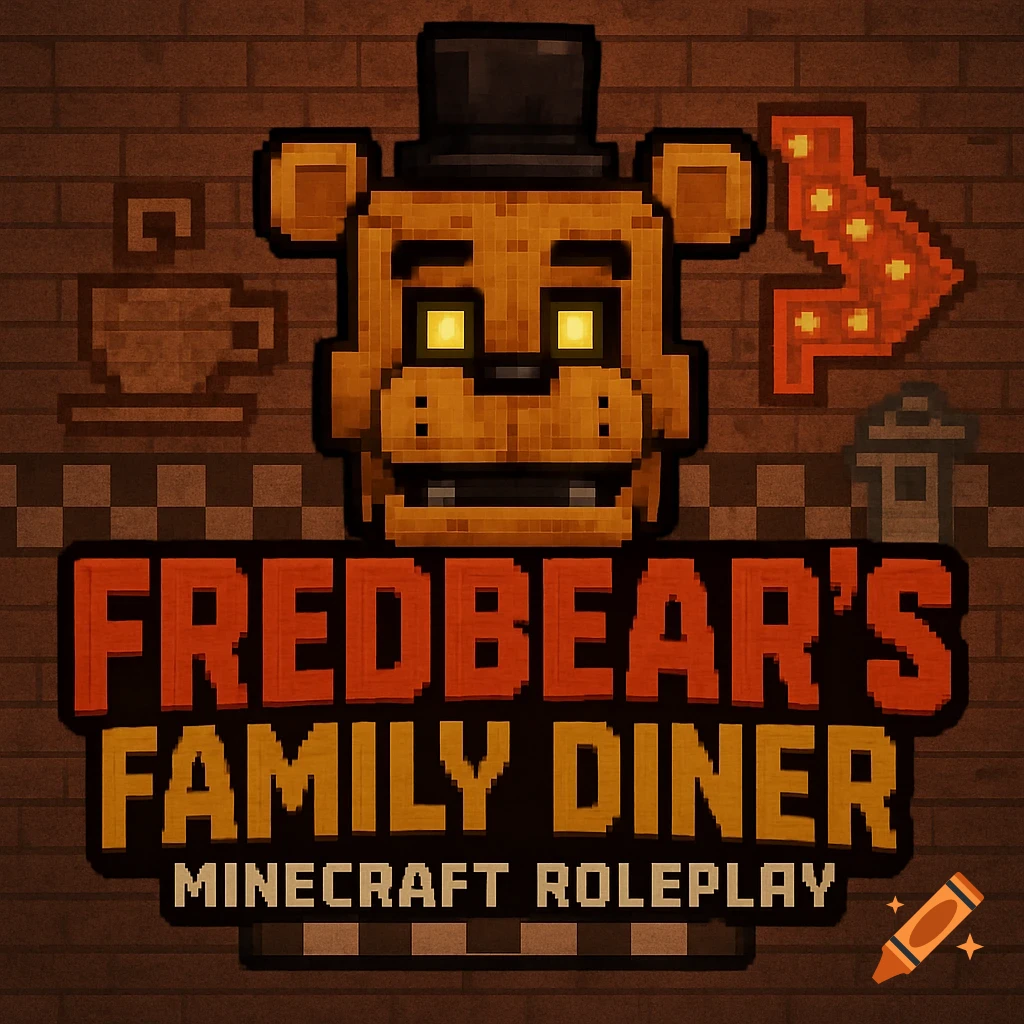Pixel art logo for Fredbear's Family Diner Minecraft Roleplay featuring a brown bear with glowing eyes and a top hat against a brick wall.