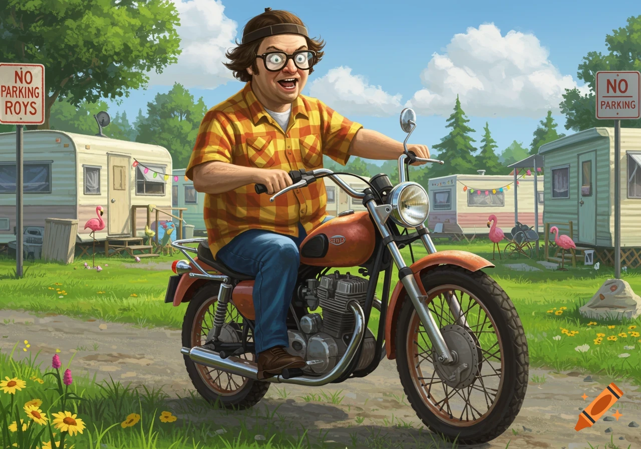 A cartoon man resembling Bubbles from Trailer Park Boys rides a motorbike in a trailer park.