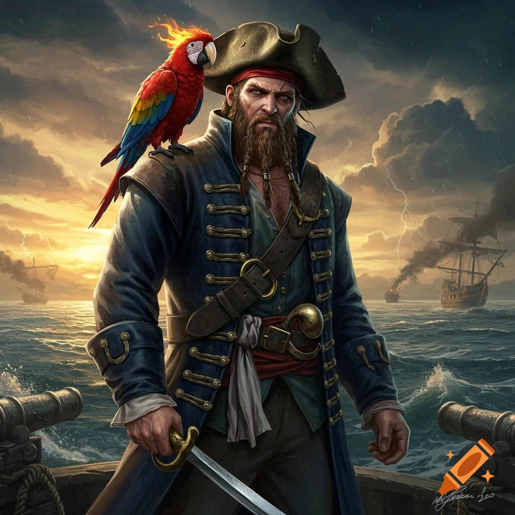 A rugged pirate stands on a stormy sea, holding a sword with a red parrot on his shoulder, amidst ships and lightning.