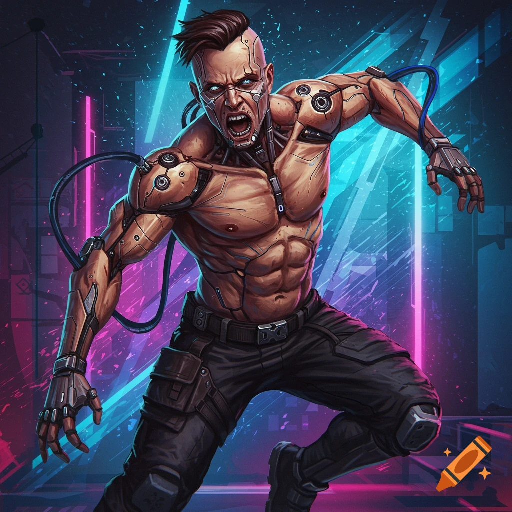 Muscular cyborg with exposed cybernetic parts, an aggressive expression, and glowing blue eyes in a neon cyberpunk city.