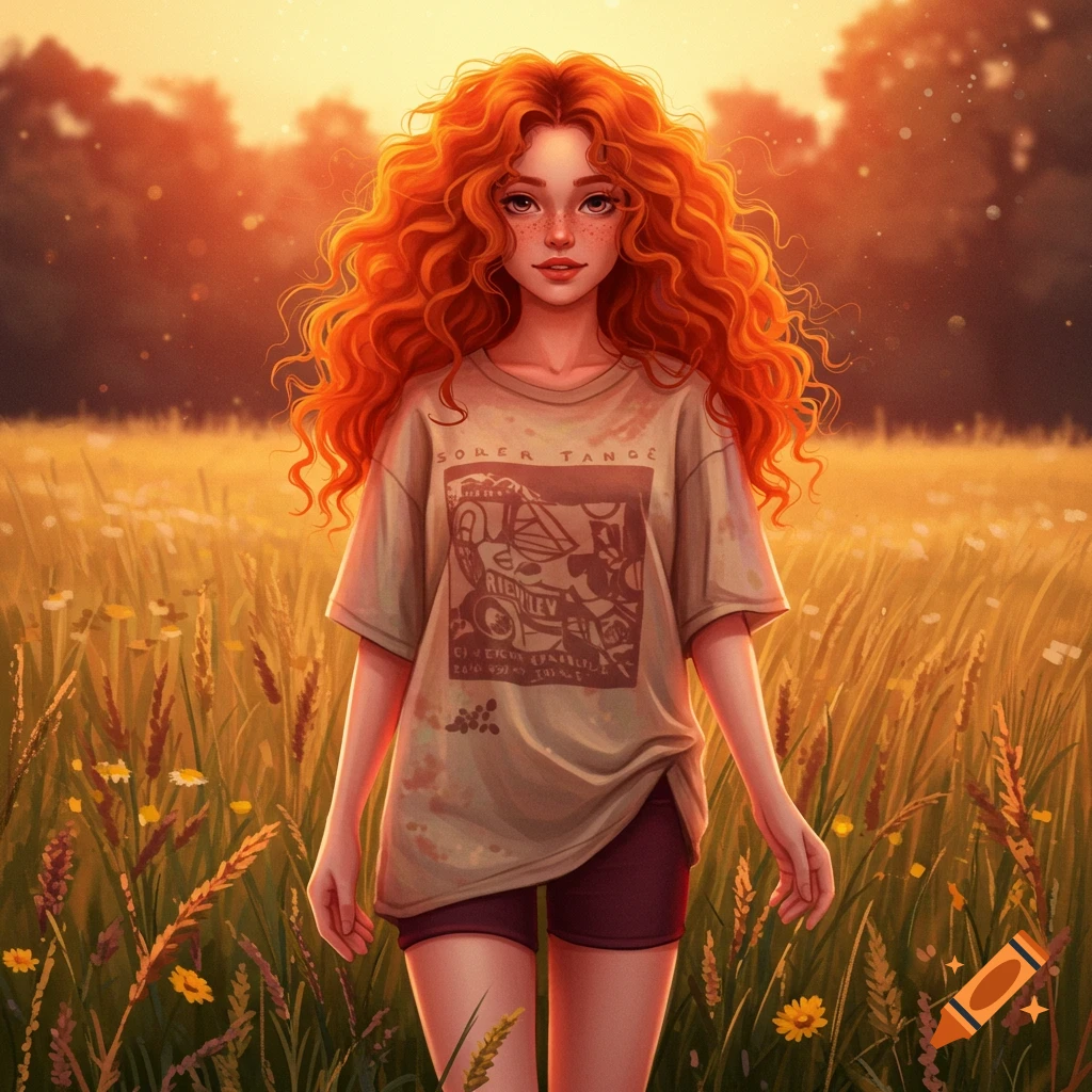 A stylized portrait of a red-headed girl with long curly hair and freckles, wearing an oversized t-shirt and shorts, standing in a sunny golden field.
