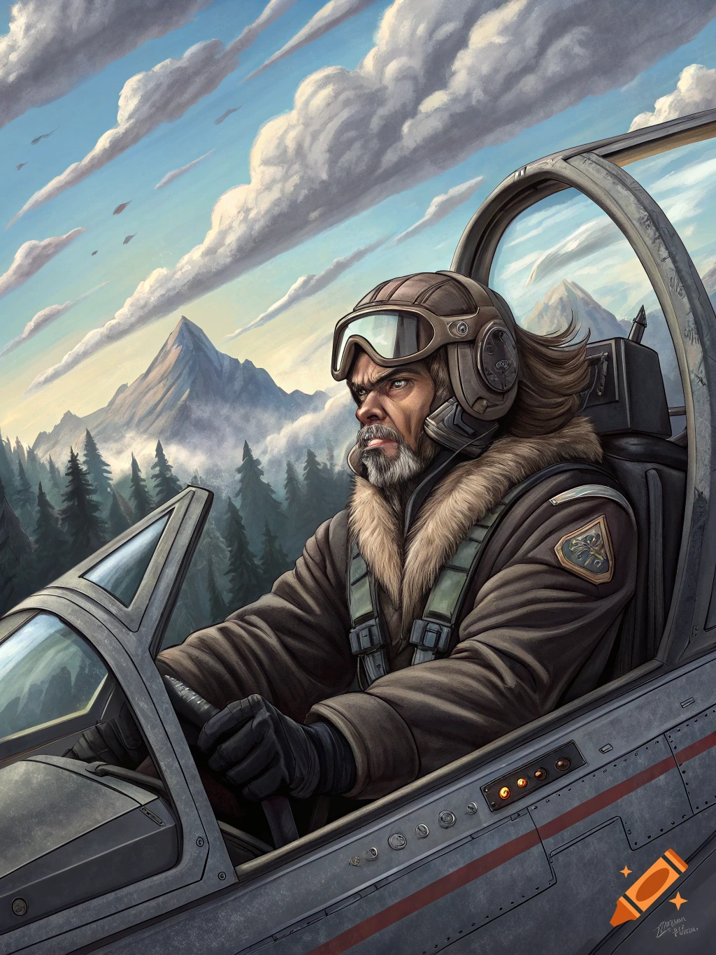 A bearded man with long hair, wearing a pilot's helmet and fur-lined jacket, pilots a jet against a backdrop of mountains and clouds in a stylized, painted artwork.