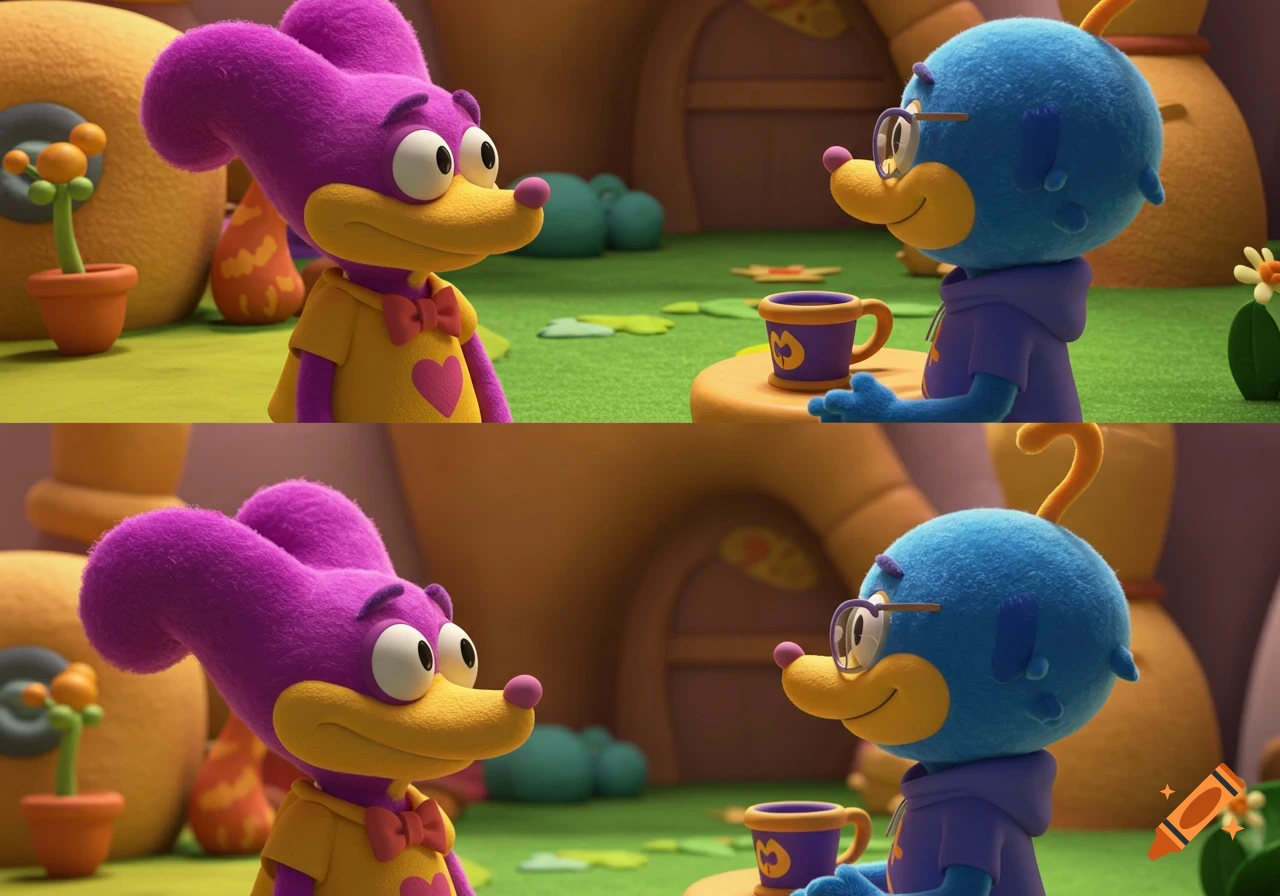 Purple and blue fuzzy cartoon characters in a whimsical 3D animated scene, talking outdoors with a mug on a table.