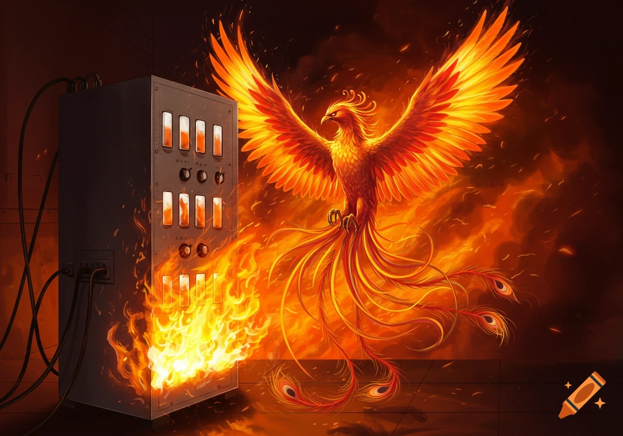 A vibrant, fiery phoenix rises from an old, burning metal cabinet in an illustrative style.