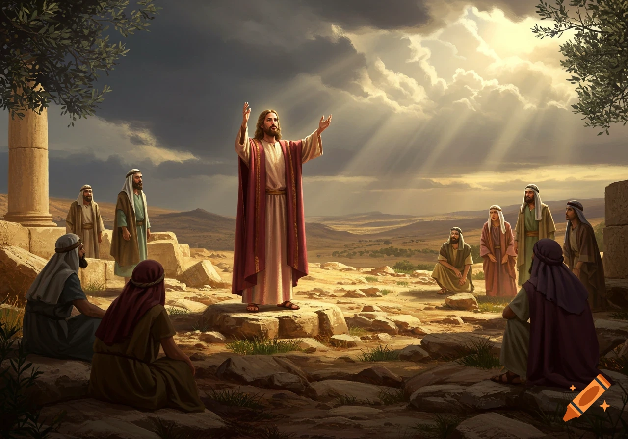 Jesus, with arms raised, preaches to disciples in a rocky desert landscape with ancient ruins and sun rays breaking through clouds.