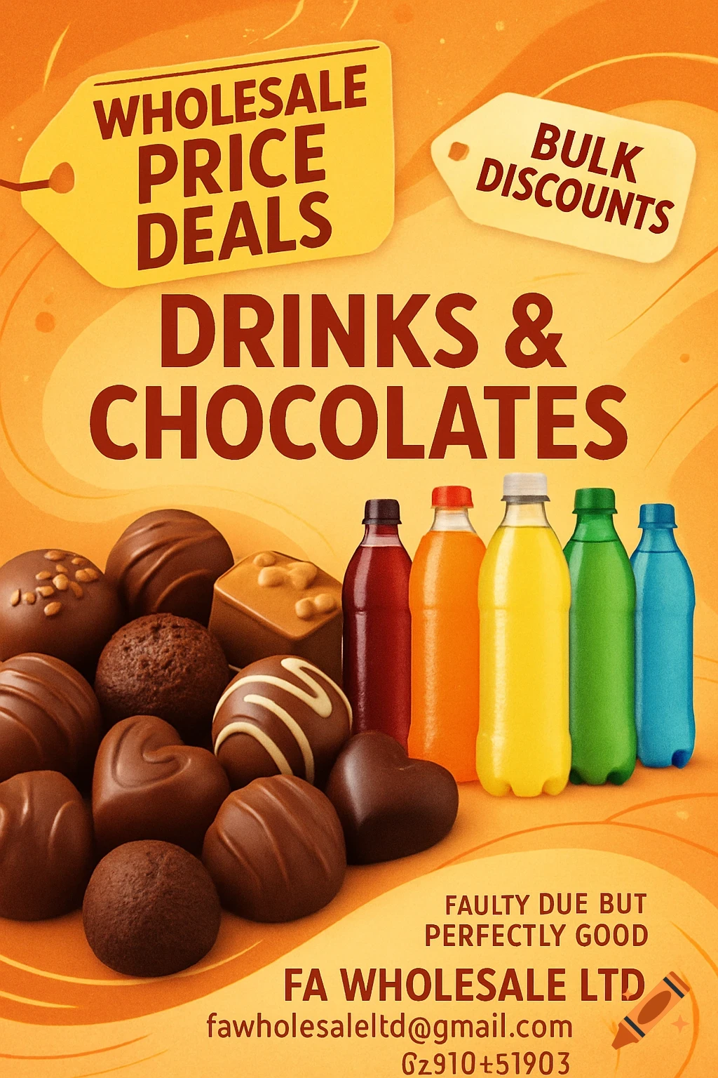 A vibrant yellow and orange poster advertising wholesale drinks and chocolates with bulk discounts. It features a pile of various chocolate candies and a row of colorful bottled beverages.