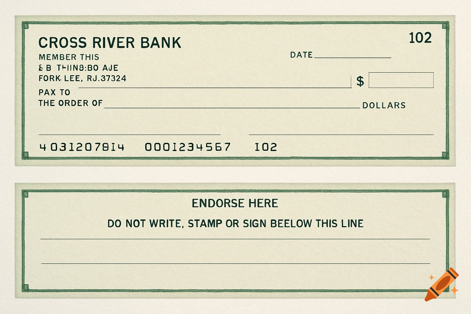 A digital illustration of the front and back of a blank check from Cross River Bank with green borders.