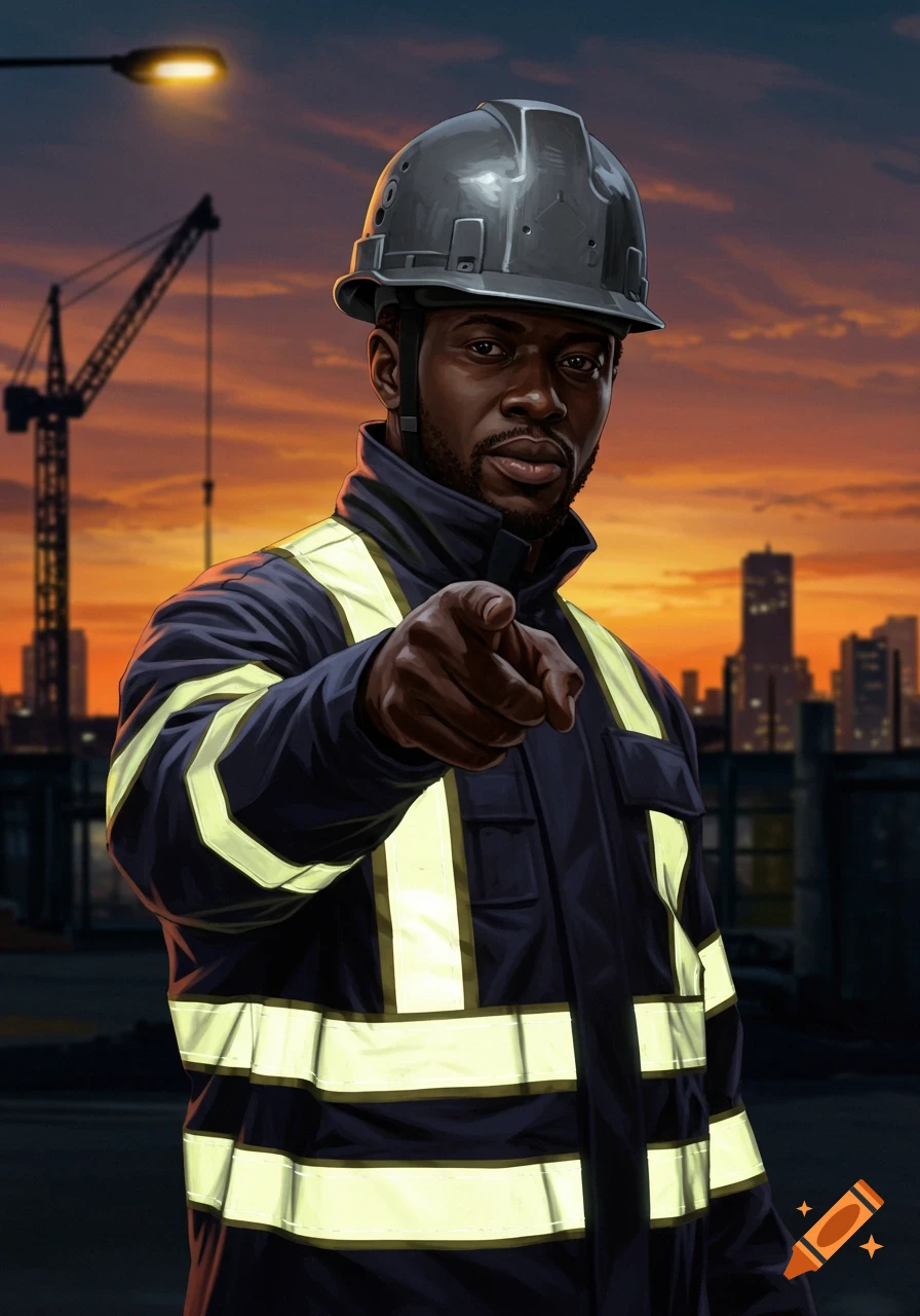 A black man in a hard hat and reflective gear points forward, standing at a construction site during sunset.