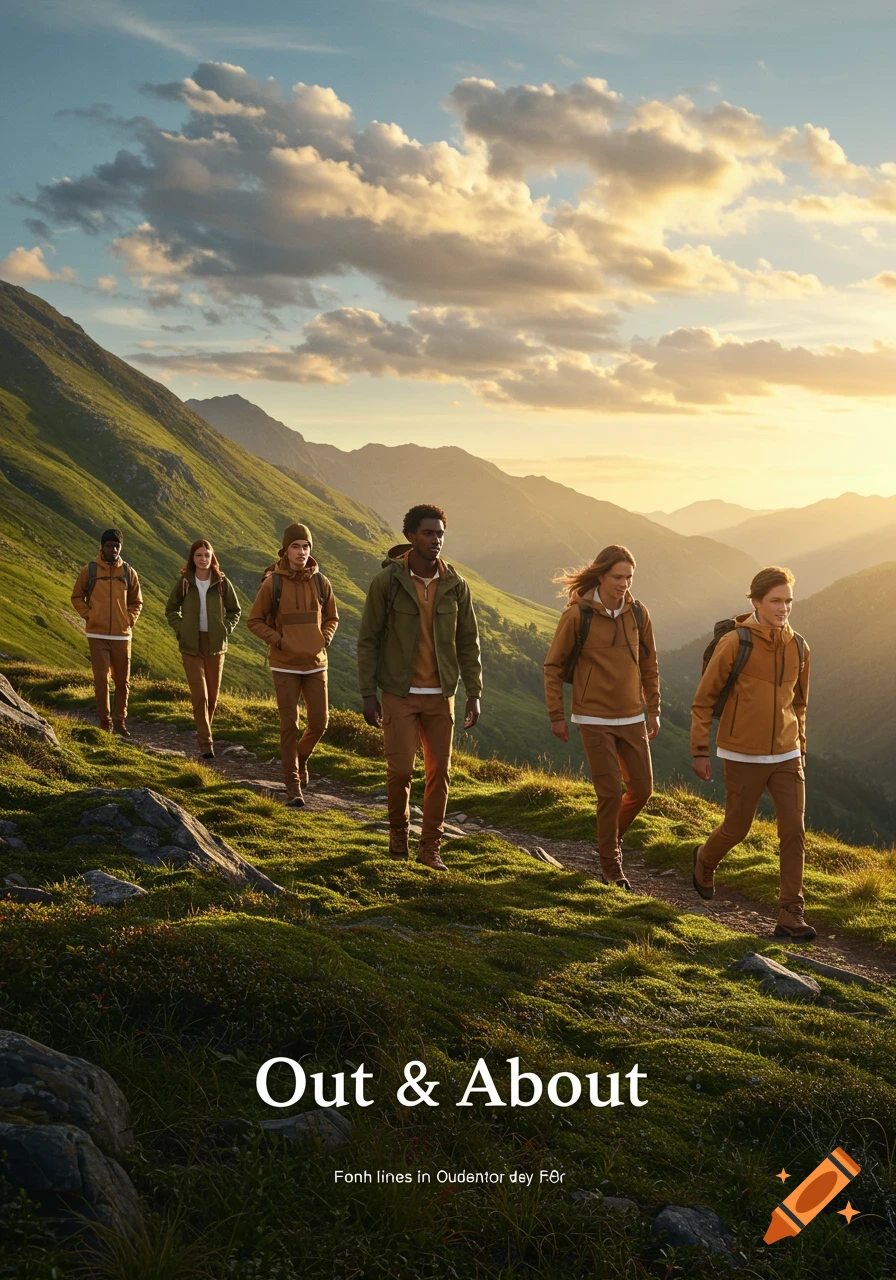 A group of diverse people hiking up a grassy mountain path at sunset, wearing outdoor clothing.