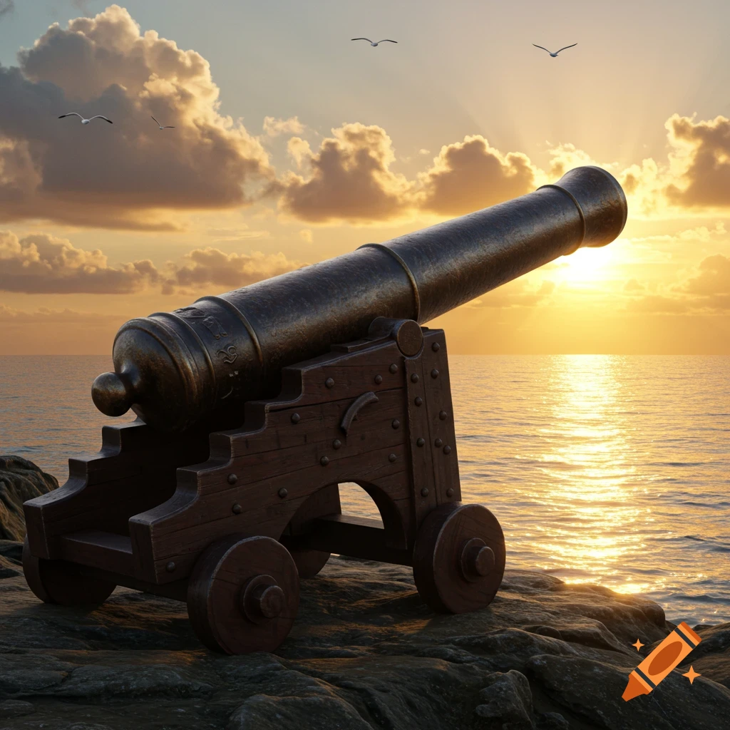 A photorealistic image of an antique cannon on rocks overlooking the ocean at a vibrant sunset with birds.