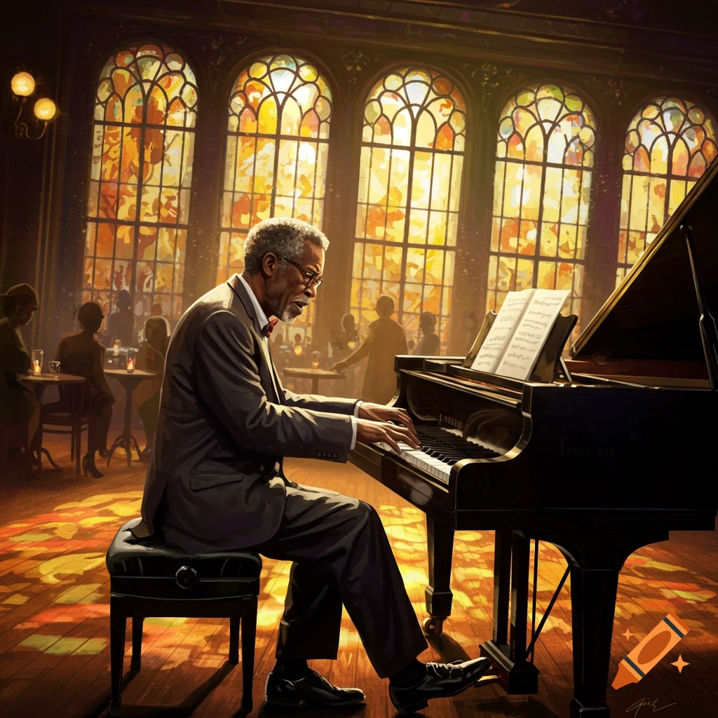 An older man in a suit plays a grand piano in a dimly lit room with large, ornate stained-glass windows.