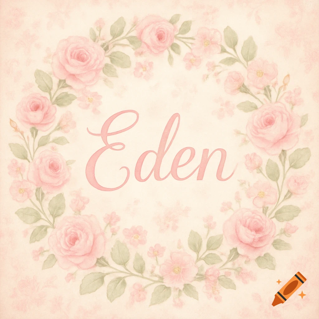 A pink watercolor floral wreath surrounding the name 'Eden' in a light pink script font on a textured beige background.