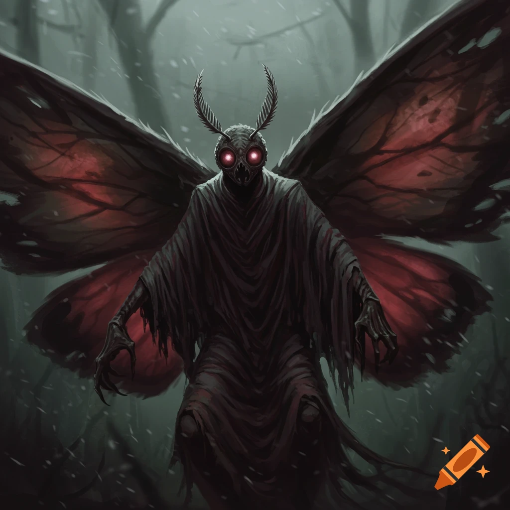 A dark, cloaked Mothman with glowing red eyes and large wings looms in a snowy forest, in a detailed dark fantasy illustration.
