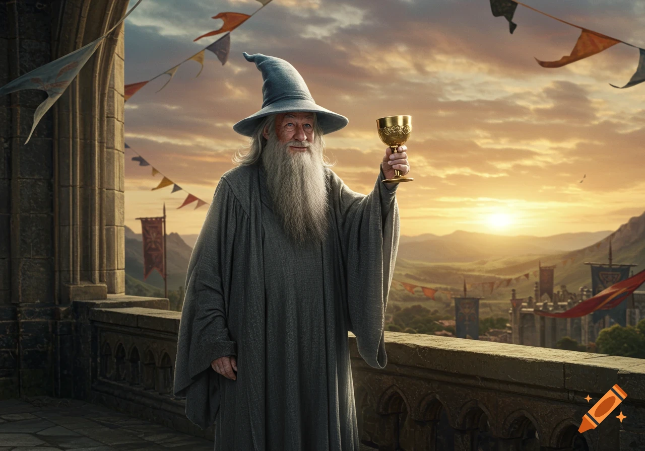 Photorealistic image of Gandalf on a balcony, holding a golden goblet, against a sunset fantasy landscape.