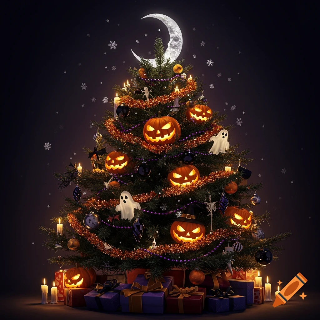 A festive Christmas tree decorated with glowing jack-o'-lanterns, ghosts, and skeletons under a crescent moon, with presents below.