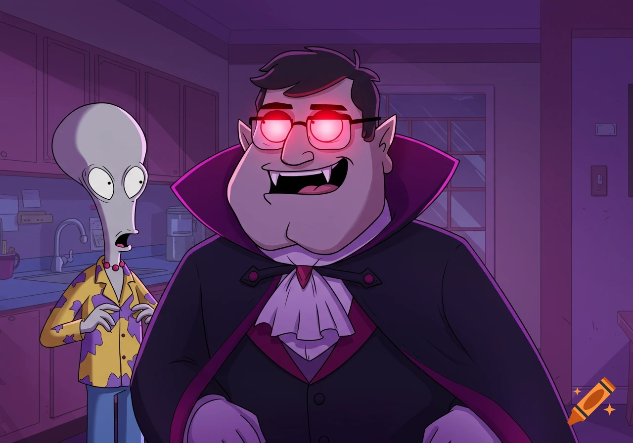 Stan Smith as a vampire with glowing red eyes scaring Roger Smith in a cartoon style.