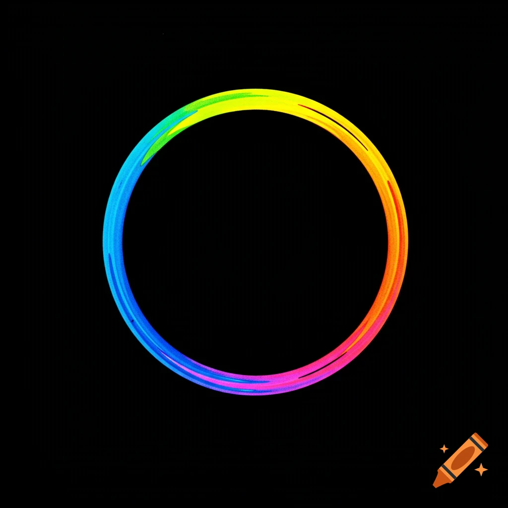 A vibrant rainbow-colored circle with glowing edges against a stark black background.