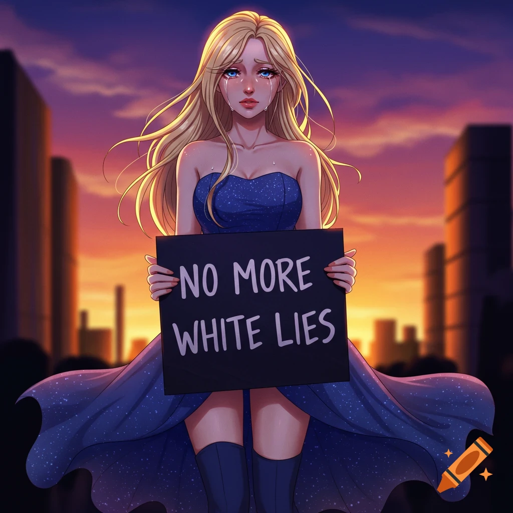 An anime woman cries while holding a "NO MORE WHITE LIES" sign in an urban setting at sunset.