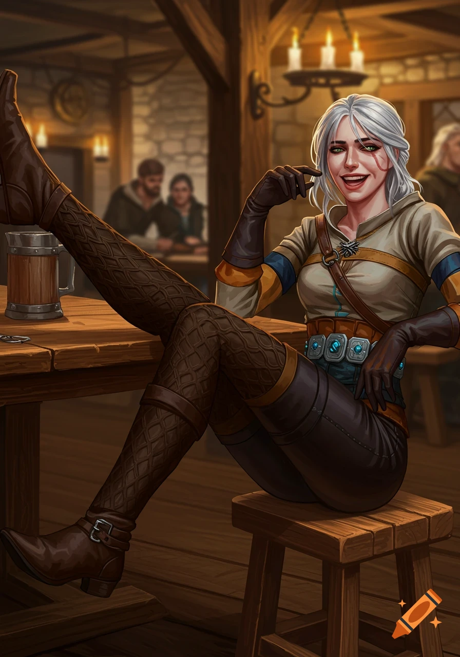 Ciri from The Witcher sitting on a stool in a tavern with her legs resting on a table, smiling.