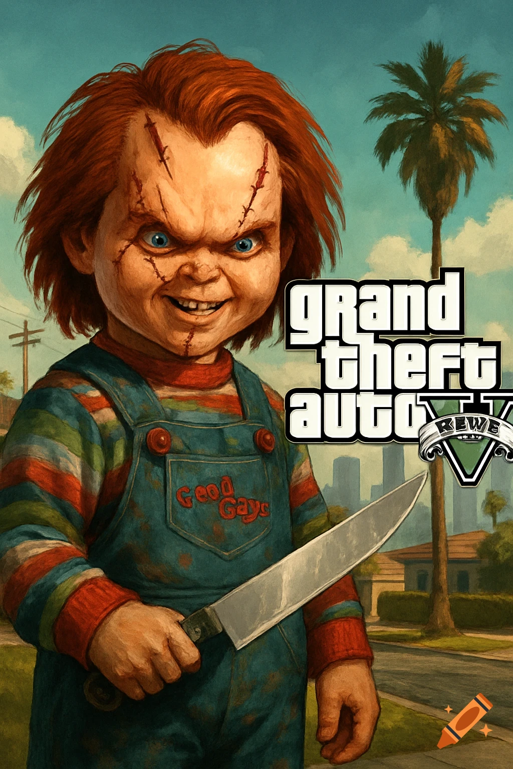 An illustration of Chucky, the killer doll, holding a large knife, in the style of a Grand Theft Auto V video game cover. He has orange hair, a scarred face, and is wearing striped shirt and overalls, with "Geod Gays" on the pocket. A palm tree and suburban street are in the background.