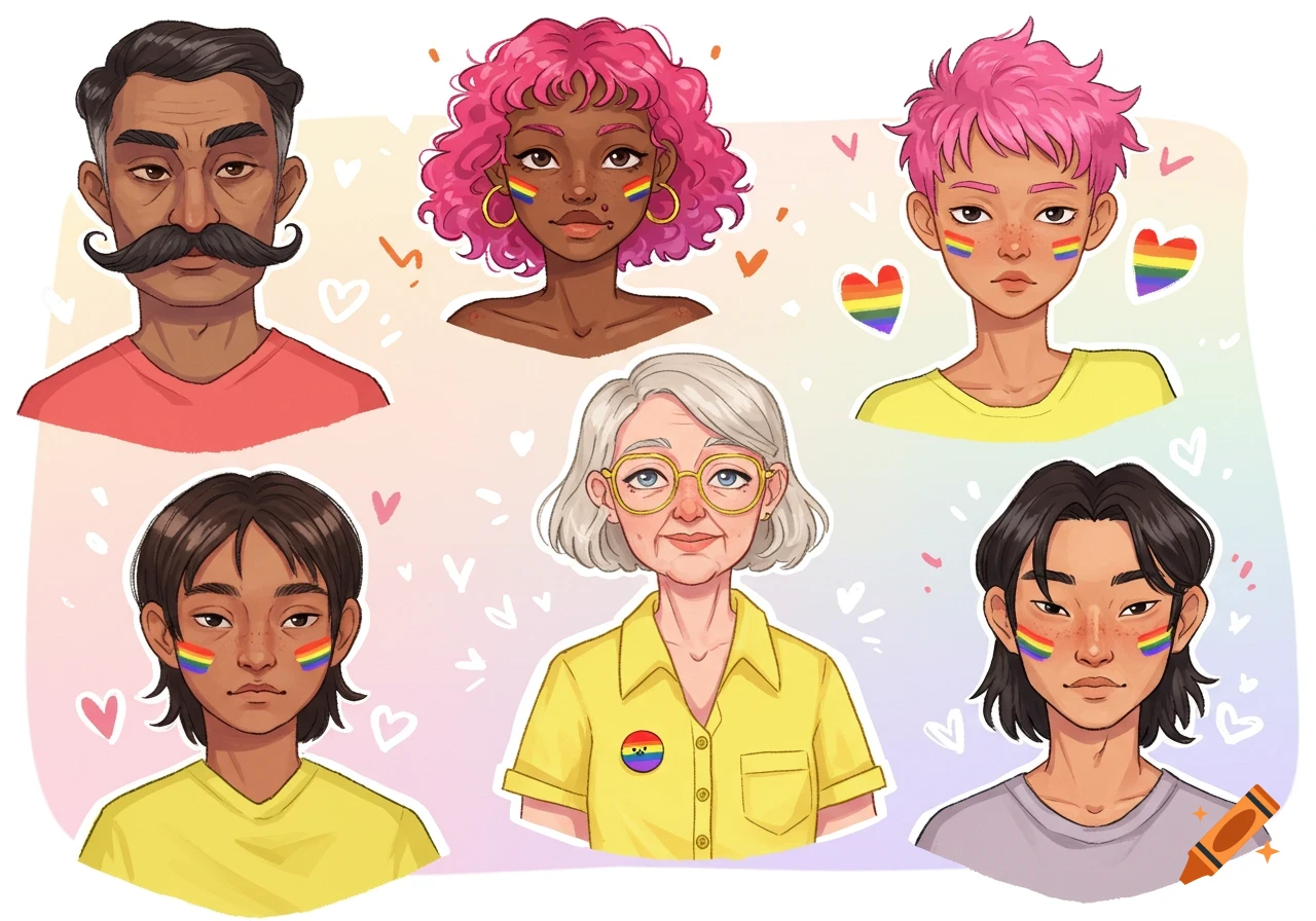 Cartoon portraits of diverse people with rainbow flag face paint and pins.