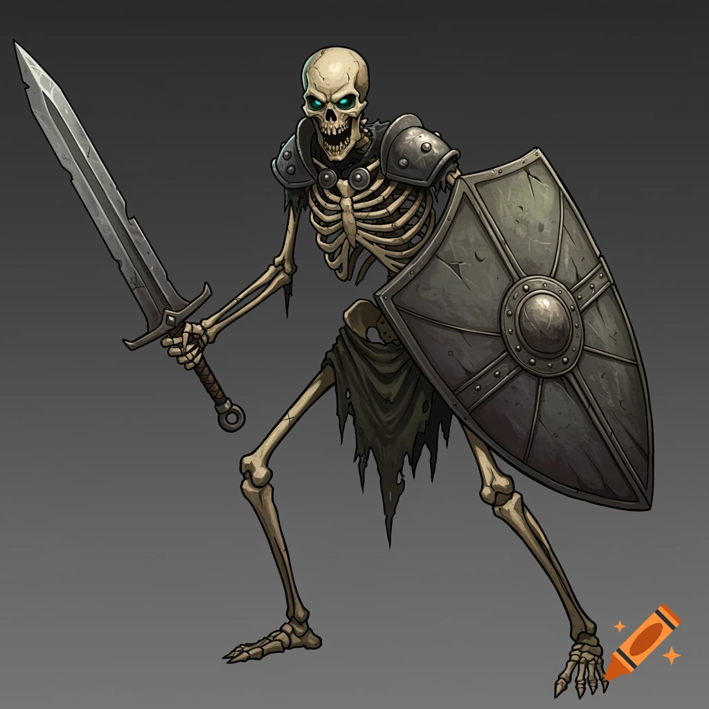 A stylized skeletal warrior stands holding a large sword in one hand and a shield in the other, against a dark background.