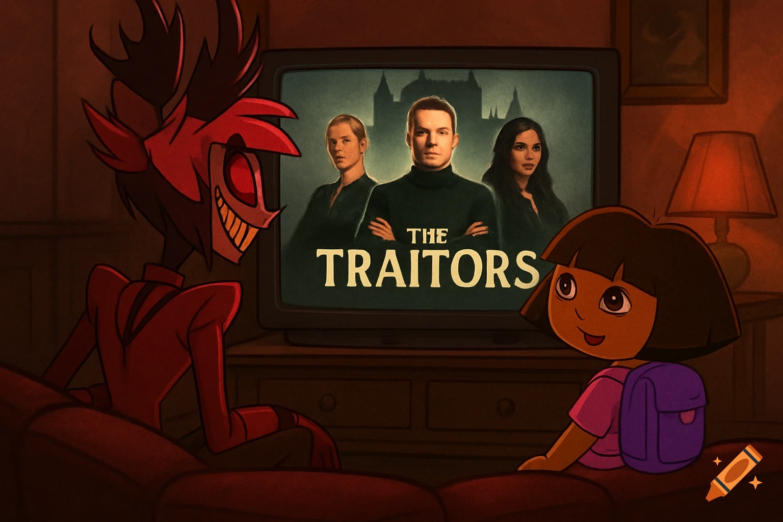 Alastor from Hazbin Hotel and Dora the Explorer sitting on a couch, watching a show titled 'The Traitors' on a TV screen.
