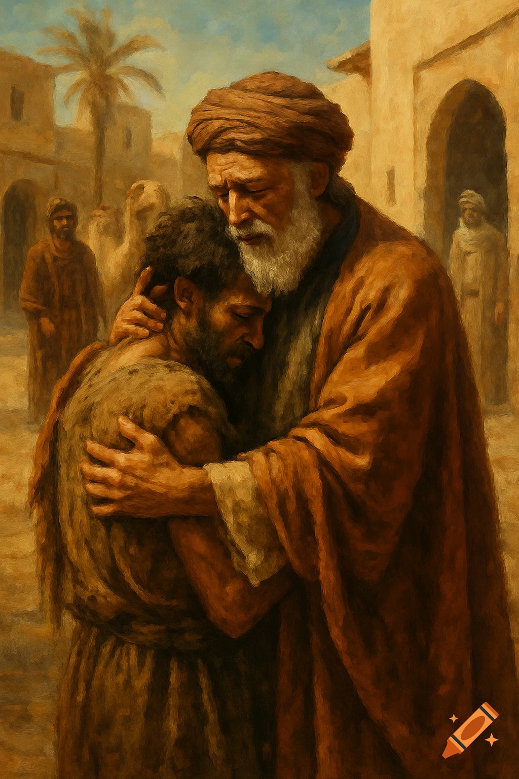 A painting depicts an older man in a turban embracing a younger man in traditional Middle Eastern attire, in a desert town.