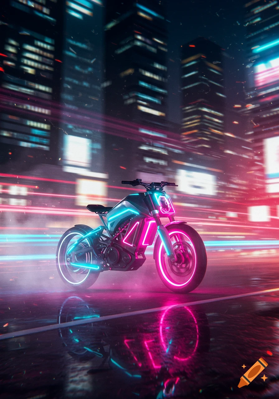 A neon electric motorcycle with glowing pink and blue lights on a wet city street at night, with blurred city buildings and light trails in the background.