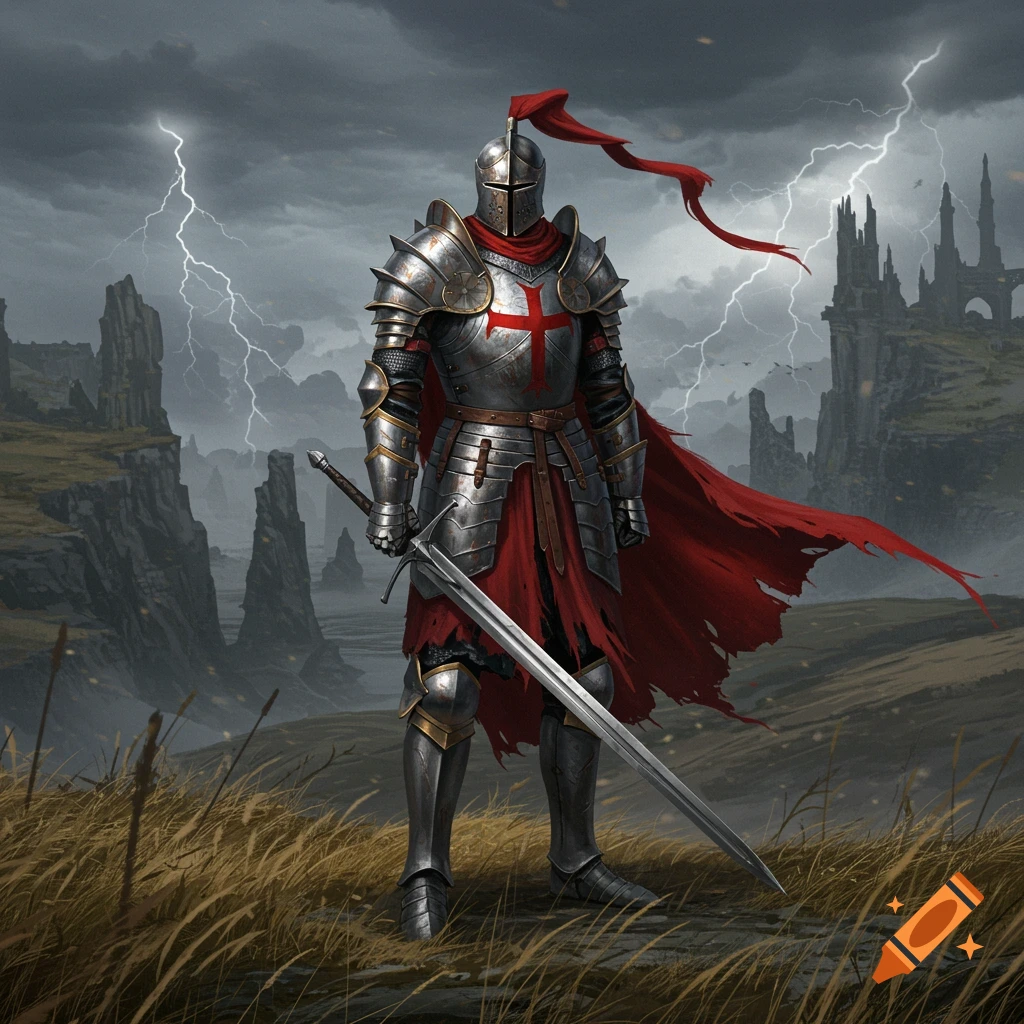 A knight in silver armor with a red cape and cross stands with a sword in a stormy, rocky landscape with a ruined castle.