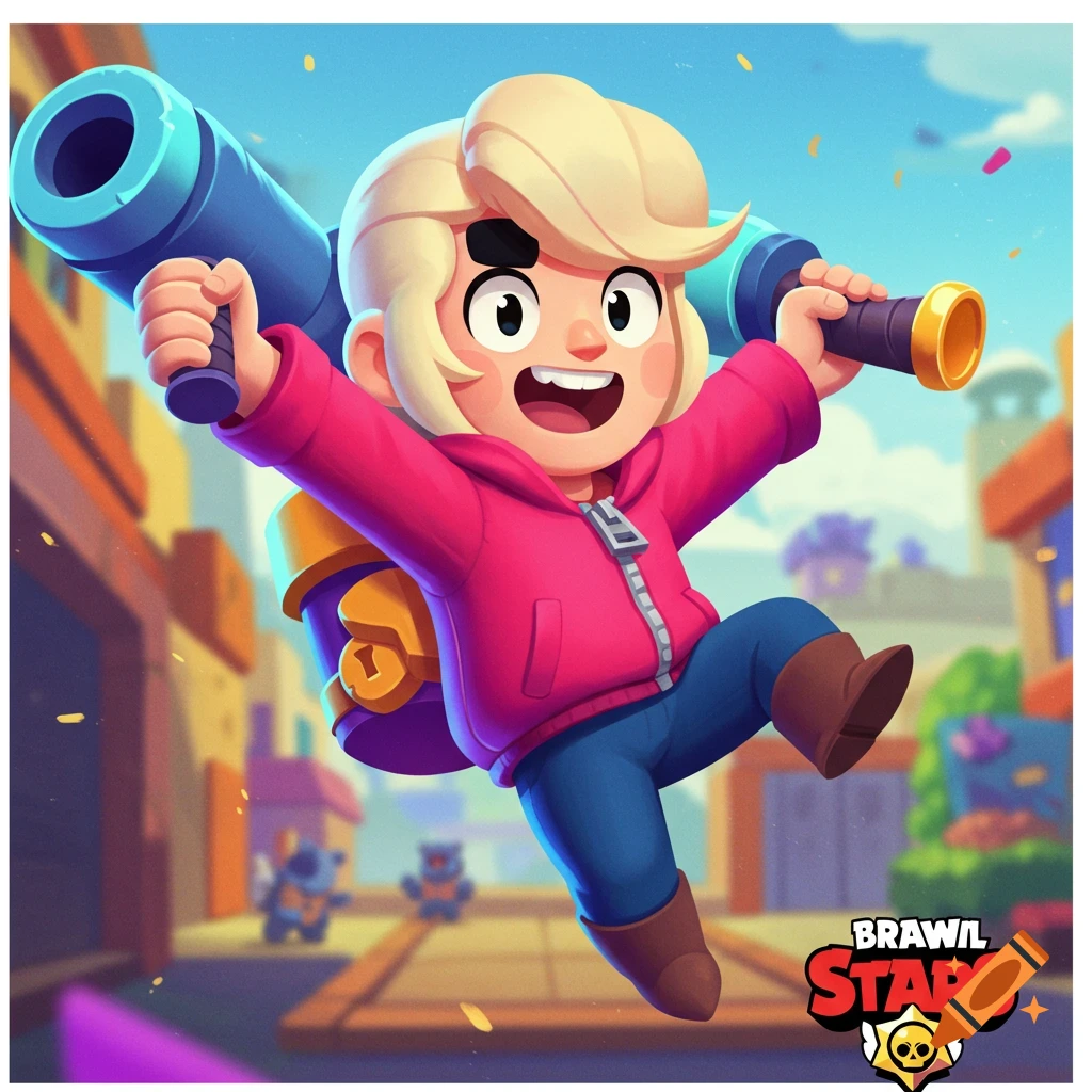 Vibrant cartoon art of a blonde character in a pink jacket jumping, holding a large blue weapon, with a city background. Brawl Stars logo.