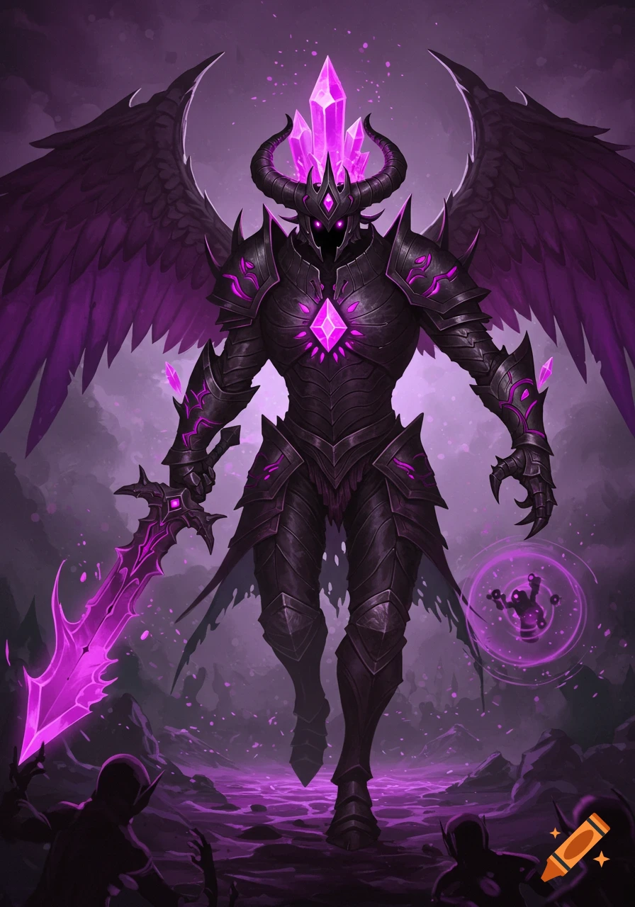 A towering, dark armored demon with large purple wings, horns, and glowing crystals stands over shadowy figures in a mystical purple landscape, holding a glowing sword. Digital art.