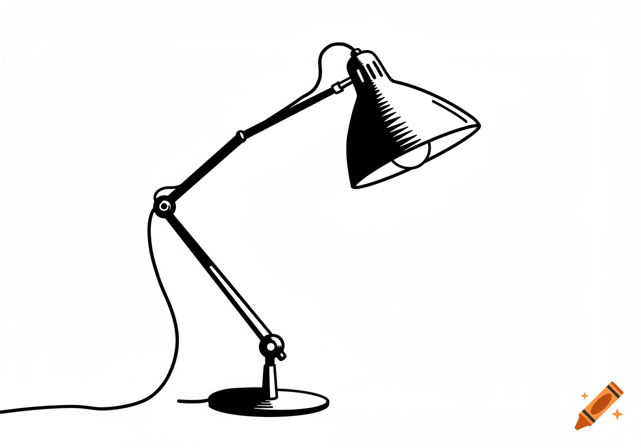 A simple black and white line drawing illustration of an adjustable desk lamp on a white background.
