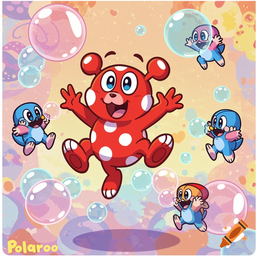 A red polka-dotted creature with blue eyes and an open mouth smiles broadly, surrounded by smaller blue creatures and numerous bubbles in a vibrant cartoon style.