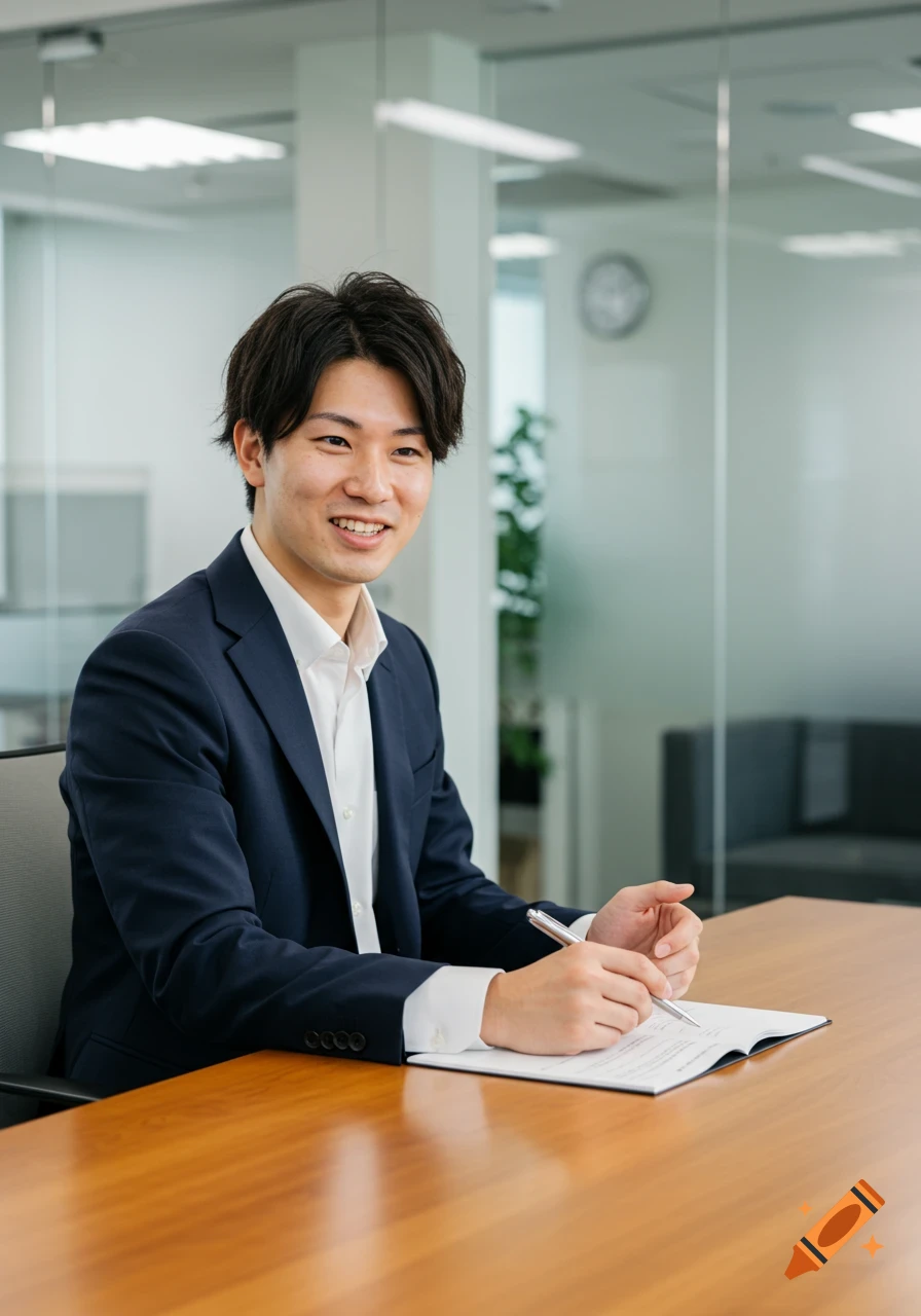 A smiling young man in a dark suit sits at a desk in an office, writing in a notebook with a pen.