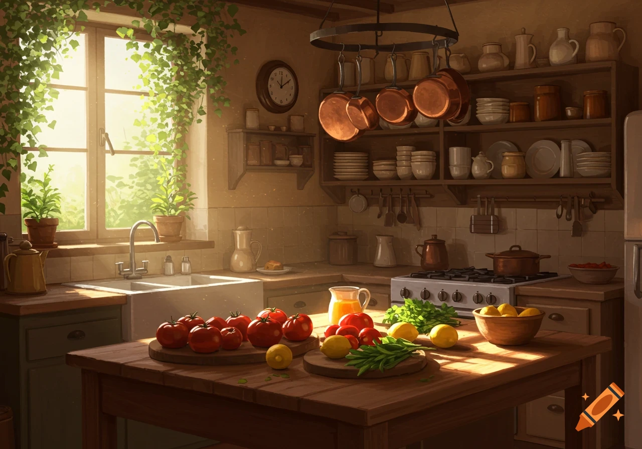 A sunlit, rustic kitchen with fresh tomatoes, lemons, and greens on a wooden table, featuring a sink, stove, and shelves.