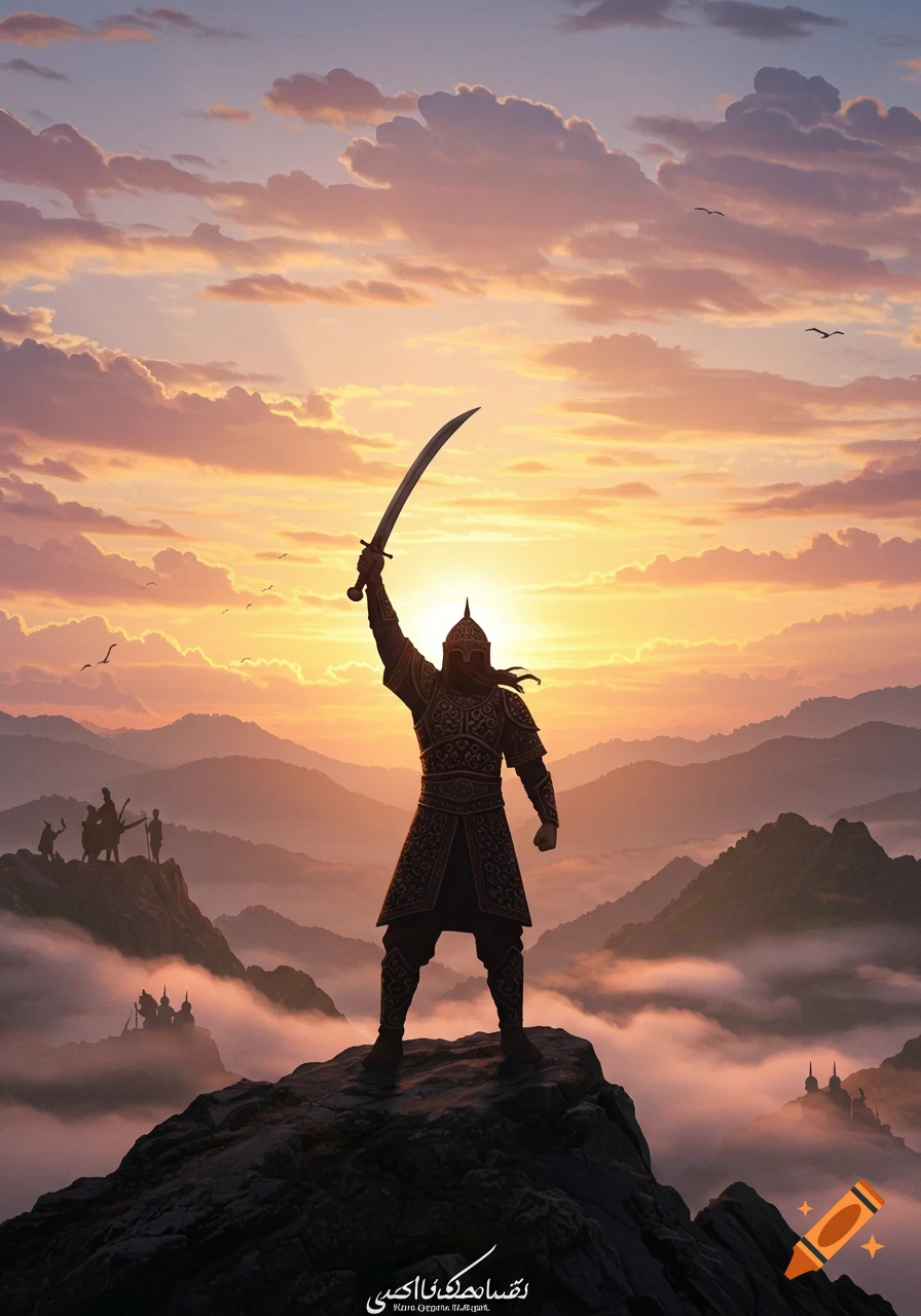 A silhouetted warrior in armor raises a sword triumphantly on a mountain peak at sunset, overlooking a vast, misty landscape.