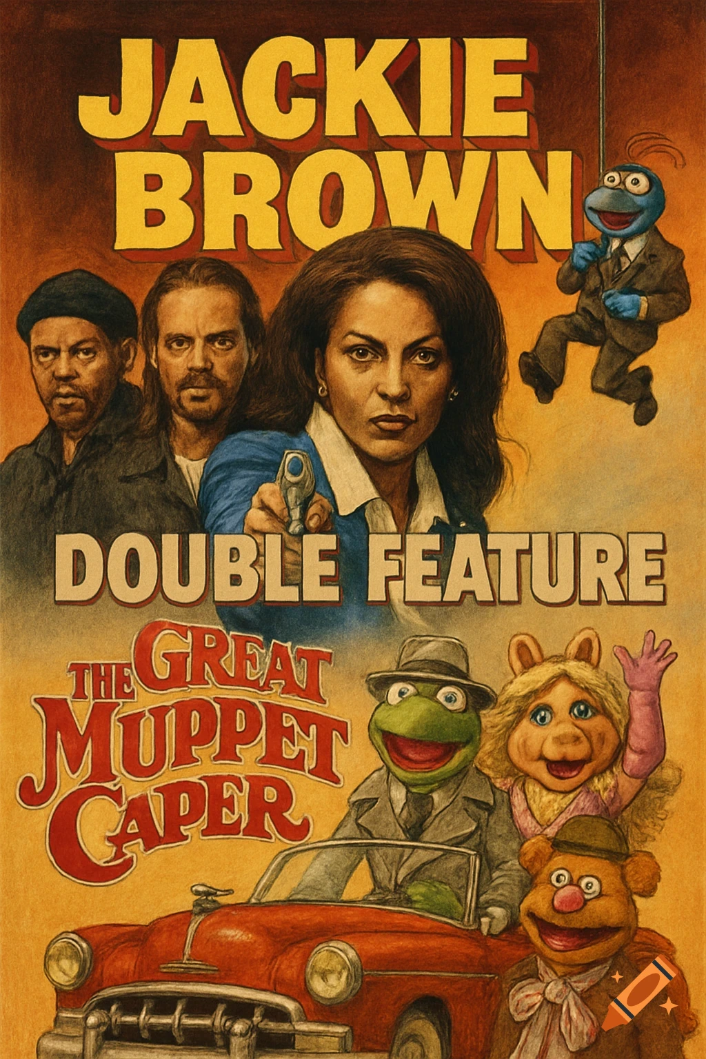 Movie poster for a 'Jackie Brown' and 'The Great Muppet Caper' double feature, featuring characters from both films in a painted style.